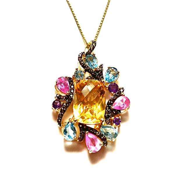 14K Gold Over Sterling Silver Necklace With Genuine Citrine, Amethyst & Quartz - Picture 2 of 9